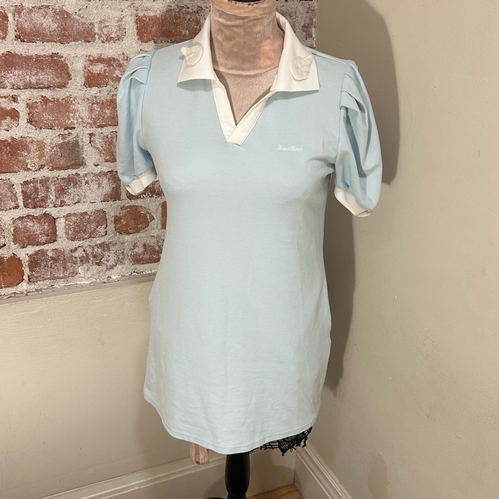 Grace Chow powder blue short sleeve mini shirt dress collared 3D wings Small - Picture 3 of 14